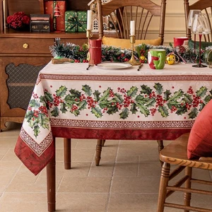 Mantel rectangular Jacquard de Navidad, mesa impermeable de acebo vintage de invierno... - Imagen 1 de 7