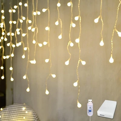 YOLIGHT Fairy Curtain Lights USB Battery 13ft 96 LED Icicle String Christmas ... - Image 1 of 4