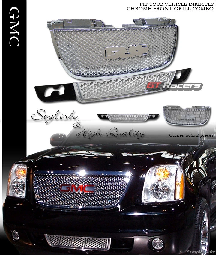 For 2007-2014 GMC Yukon Chrome Round Hole Upper & Lower Front Hood Grill Grille — 第 1/3 张图片
