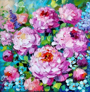 Original Ölgemälde Pfingstrose Rose rosa Blumen Kunstwerk Floral Wandbild 10*10 Zoll - Bild 1 von 11