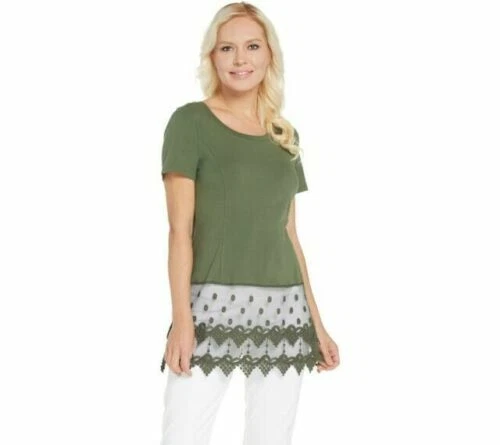 Kathleen Kirkwood Short Sleeve Top with Lace Extender-Ivy Green-Small A307345 - Image 1 of 1