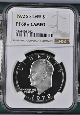 1972 S SILVER IKE DOLLAR $1 NGC PF 69 *STAR* + DEEP CAMEO "TOP POP ONLY 236"LOOK - Image 1 of 4