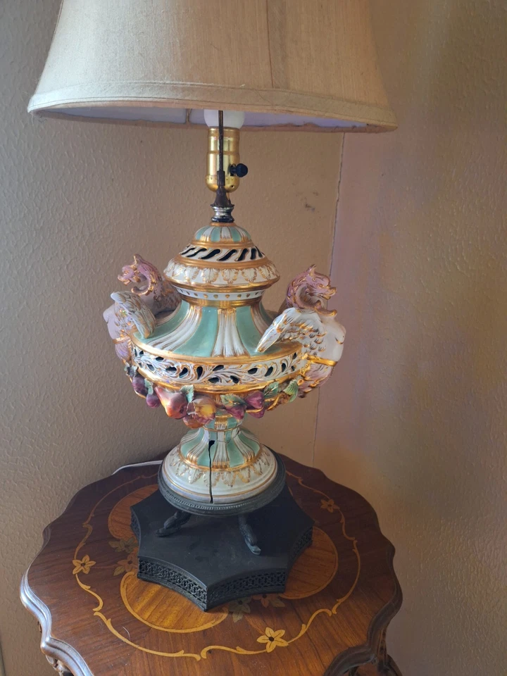 Pair Vintage Capodimonte Italian Porcelain Nude Dragon Mastheads Koi Lamps - Image 1 of 2