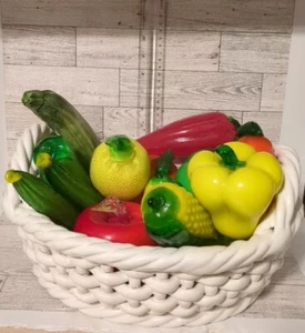 Ceramic Woven Basket With 13 Assorted Murano Style Glass Blown Vegetables - Picture 1 of 3