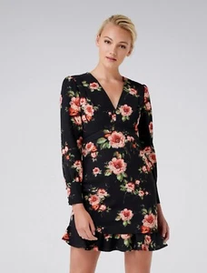 FOREVER NEW Mini Dress Floral Pattern Event Party Day Tea Black Size 10 - Picture 1 of 14