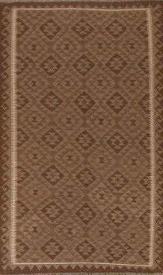 Geometric Kilim Brown Area Rug 5x8 Wool Hand-Woven Carpet - Image 1 of 4