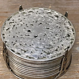 Complete Set, 12 Webster Sterling silver on Glass 3" Coasters with Holder - Picture 1 of 23
