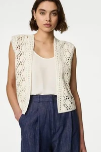 M&S Crochet Waistcoat M L Ecru Cream Sleeveless Summer Layer Knit Vest Oversized - Picture 1 of 11