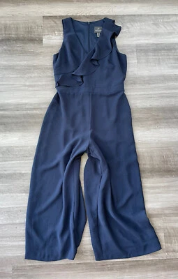 Adrianna Papell Navy Blue Ruffle Jumpsuit Cropped Wide Leg Zip Formal - Image 1 of 4