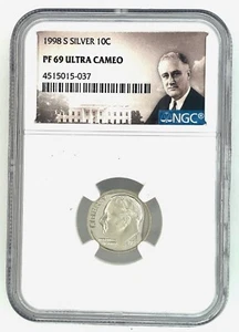 1998 S SILVER ROOSEVELT 10C NGC PF 69 ULTRA CAMEO PORTRAIT LABEL - Picture 1 of 2