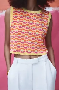 Zara Floral Knit Top Medium Yellow Pink Orange 60s Vibe NWT - Picture 1 of 9
