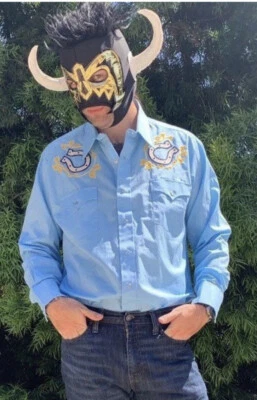 Западная винтажная мужская рубашка с жемчугом и застежкой синяя подкова с вышивкой размер 17 35 - Изображение 1 из 4