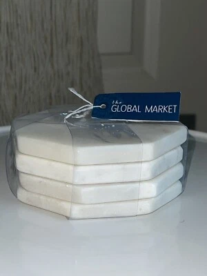 Juego de 4 posavasos cuadrados gris blanco mármol pesado 4" x 4" The Global Market nuevos con etiquetas Foto 1 de 4