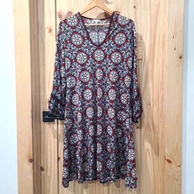 Max Studio Medallion Geometric Bell Sleeve Stretch Midi Boho 60s Dress Size L - Image 1 of 4