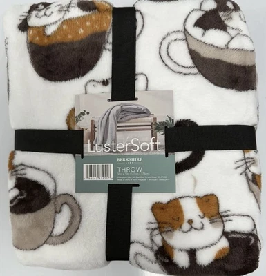 NWT Berkshire LusterSoft Throw Blanket Plush Coffee Cats Latte Print 50x70