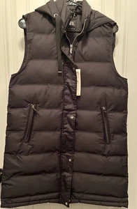 Zara Womens Full Zip Hooded Sleeveless Long Puffer Vest Jacket Black Size Small - Picture 1 of 7