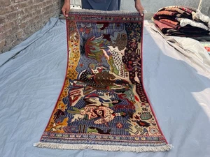 2'6 x 4'4 ft Vintage Afghan Pictorial Rug Hand Knotted Wool Rare Art Carpet - Picture 1 of 9
