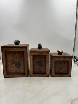 Vintage Wooden Canister Set Kitchen Storage Vegetable Theme Squash Aubergine 80s - Image 1 of 4