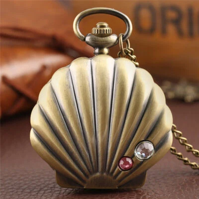 Vintage Shell Design Crystal Womens Quartz Pocket Watch Pendant Chain New Year - Image 1 of 4