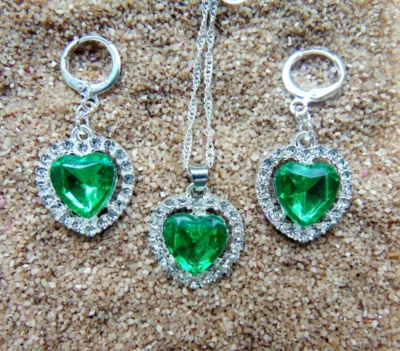 925 Silber Schmuck Set Herz Titanic Grün Zirkon  Kette Anhänger Creolen neu - Bild 1 von 4