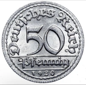 1920 F Germany Weimar 50 Pfennig Coin UNC - Picture 1 of 2