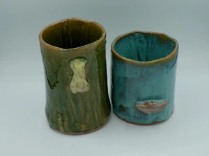 Set of 2 Vintage Studio Art Glazed Pottery Vases with Mouth & Nose '95 - Picture 1 of 6