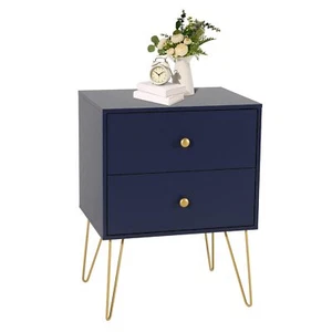 Nightstand 2 Drawer End Side Table Bedside Metal Legs Modern Bedroom Living Room - Picture 1 of 13