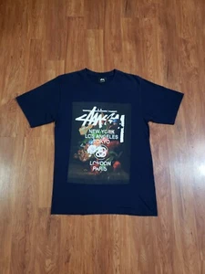 Vintage Stussy World Tribe Blue Front Graphic NY LA Tokyo London Paris Small 90s - Picture 1 of 9