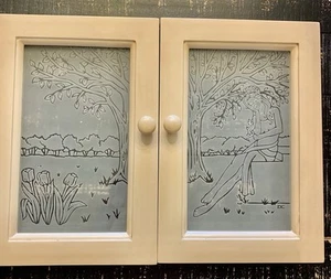Vintage Acid Etched Glass Window Pane Shudders ZOOM IN Lady Tree Florals 14”x10” - Picture 1 of 14