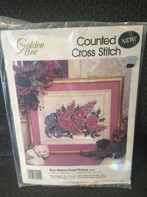 Counted Cross Stitch KIT  BLUE RIBBON  FLORAL PICTURE Golden Bee Candamar 1991 - Image 1 of 2
