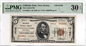 $5 1929 Type 2 National Bank Cliffside Park, NJ Fr#1800-2 CH#14162 PMG VF30 EPQ - Picture 1 of 2