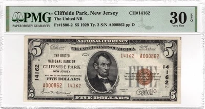 $5 1929 Type 2 National Bank Cliffside Park, NJ Fr#1800-2 CH#14162 PMG VF30 EPQ - Image 1 of 2