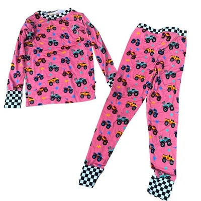 Kiki Lulu Monster Truck Pajamas Set Long Sleeve Pink Black Checkered Size 5-6 - Image 1 of 3