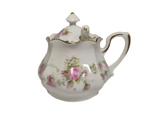 Antique R.S. Germany Porcelain Sugar Bowl Pink Roses Gold Trim with Lid & Spoon - Picture 1 of 16