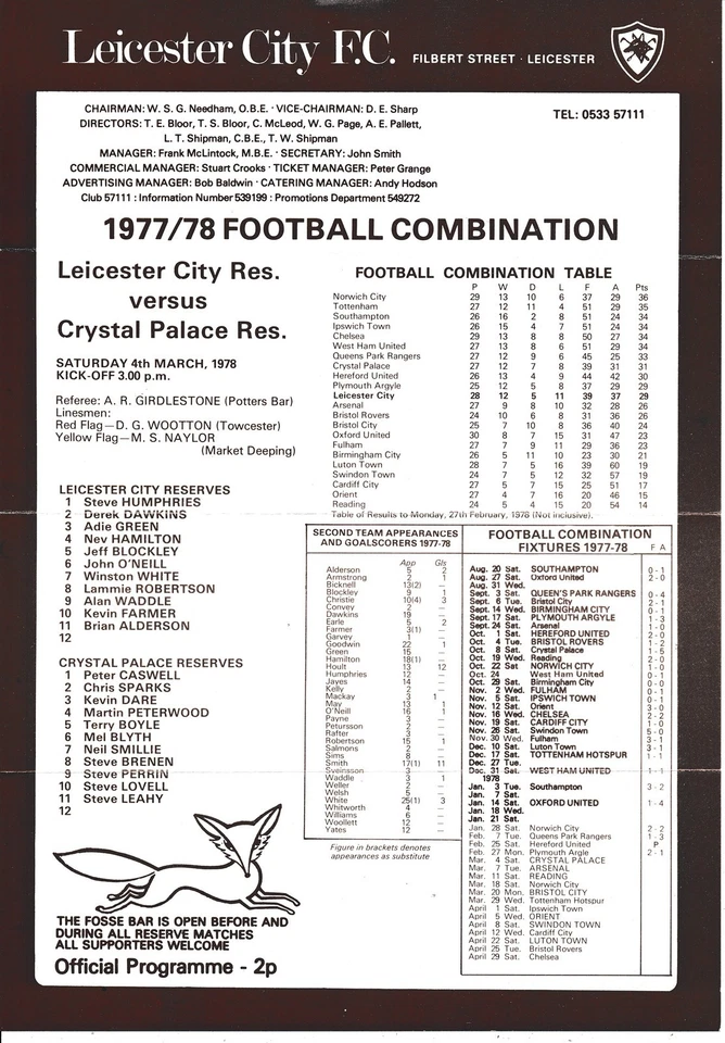 Leicester City Reserves v Crystal Palace (Combination) 1977/1978 - Image 1 of 1
