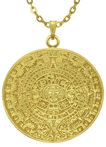 ACROSS THE PUDDLE 24k GP 2" Aztec Solar Calendar 4.7 mm 22" Cable Chain Necklace - Picture 1 of 8
