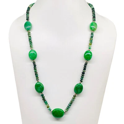 23' Natural Emerald Designer Necklace Cabochon Beads 925 Silver Clasp - Image 1 of 4