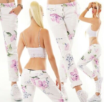 ITALY Damen Jeans Look Hose Chino Lila Blumen Blüten Print Weiß S M L • 41.37€