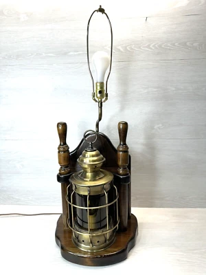 Vintage Large Nautical Steampunk Ship Lantern Tabletop Lamp Solid Wood Brass - Image 1 of 4