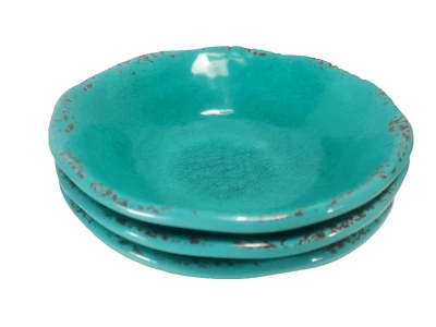 Pier 1 azul turquesa 3 peças tigelas de melamina craqueladas rústicas salada de cereais desgastadas - Imagem 1 de 4