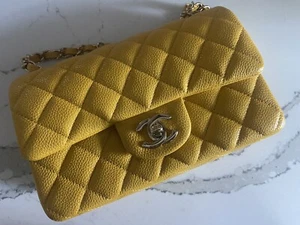 AUTHENTIC CHANEL CLASSIC Rectangular Mini Flap Caviar Iridescent Yellow Handbag - Picture 1 of 15