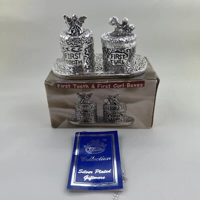 Winko Baby’s First Tooth & First Curl Silver Plated Pewter Trinket Boxes on Tray - Image 1 of 2