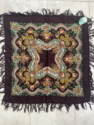 Pavlovo Posad 正品俄罗斯披肩 100% 纯美利奴羊毛围巾 花卉 — 第 1/4 张图片