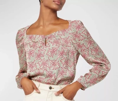 Joie Dionne 衬衫上衣 L 码花卉锁眼领原件 198 美元红色黑色 — 第 1/4 张图片