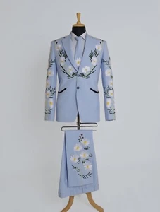 Customize Men's Embroidered Country Western Partywear Cotton Blue 2 piece Suit - Picture 1 of 6