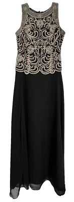 Maxi Vestido de Noche Forrado Formal JKARA Para Mujer 6 Negro Dorado Cuentas Foto 1 de 4