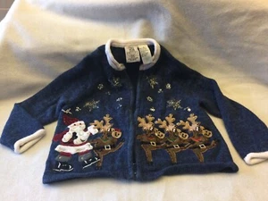 TIARA GIRLS SZ 4 NAVY BLUE W/SANTA AND REINDEER APPLIQUÉ Heavy Weight, Soft - Picture 1 of 6