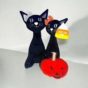 Candy Corn Lane Halloween Weighted Plush Black Cats With Bows And A Pumpkin - Picture 1 of 7