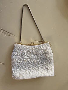 Vintage White Seed Bead Evening Purse Handbag Formalwear Bridal Clutch - Picture 1 of 12
