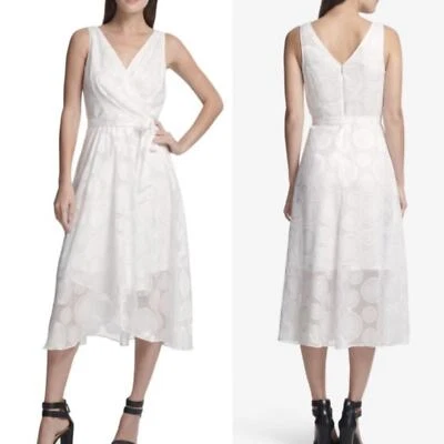DKNY | Size 12 | White Chiffon Dot Sleeveless Asymmetrical Midi Wrap Dress - Image 1 of 4